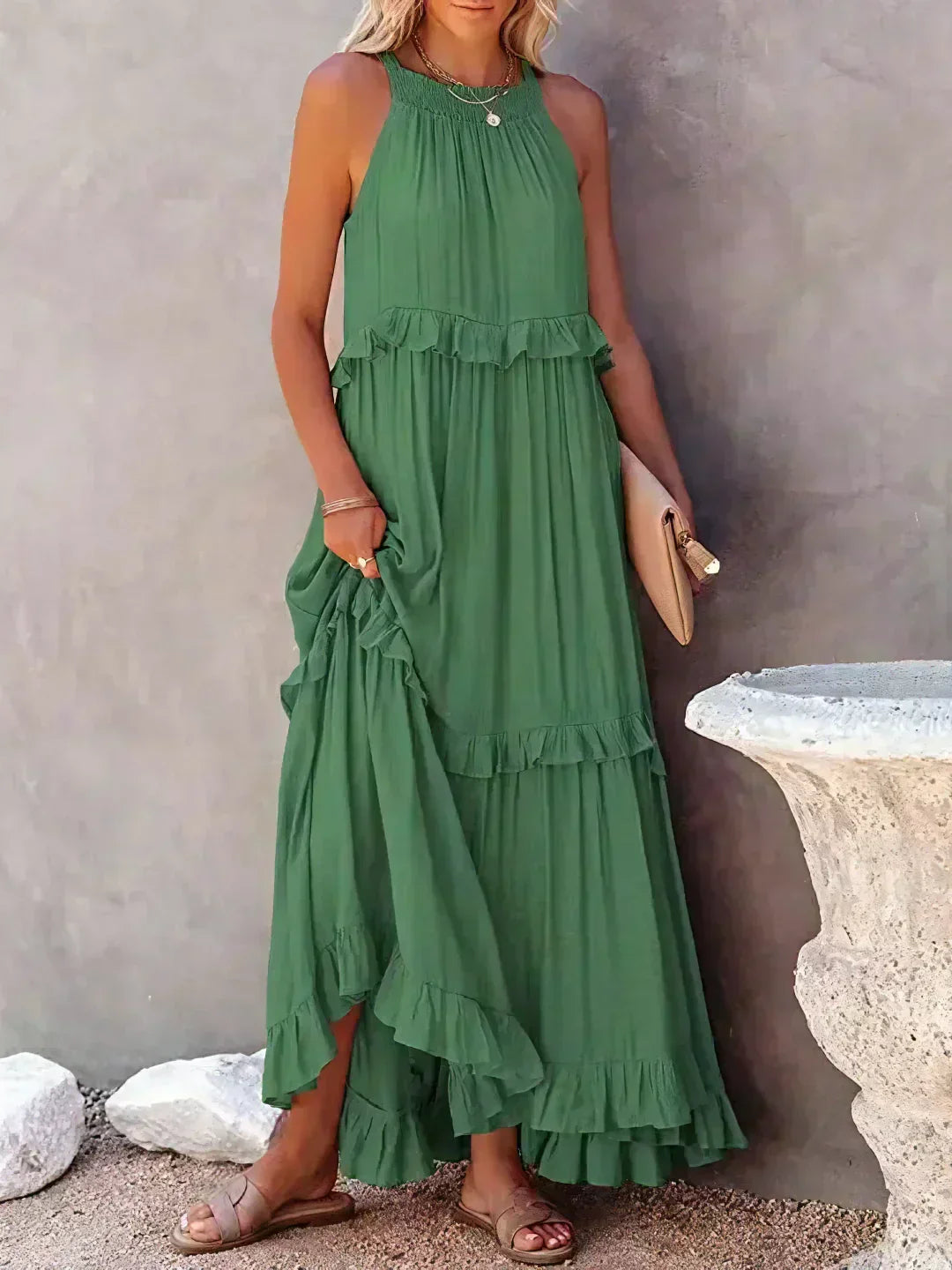 Sarah | Vestido largo con volantes y cuello halter (Casi agotado)