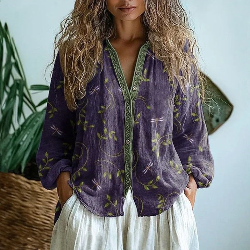 Gloria - Blusa con estampado de hojas vintage