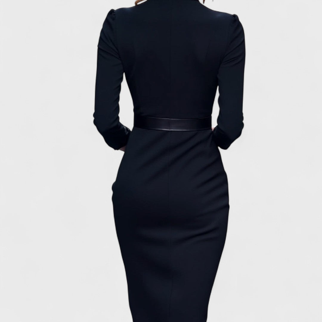 Mandarin - Vestido negro refinado con cinturón y cuello