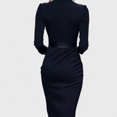 Mandarin - Vestido negro refinado con cinturón y cuello