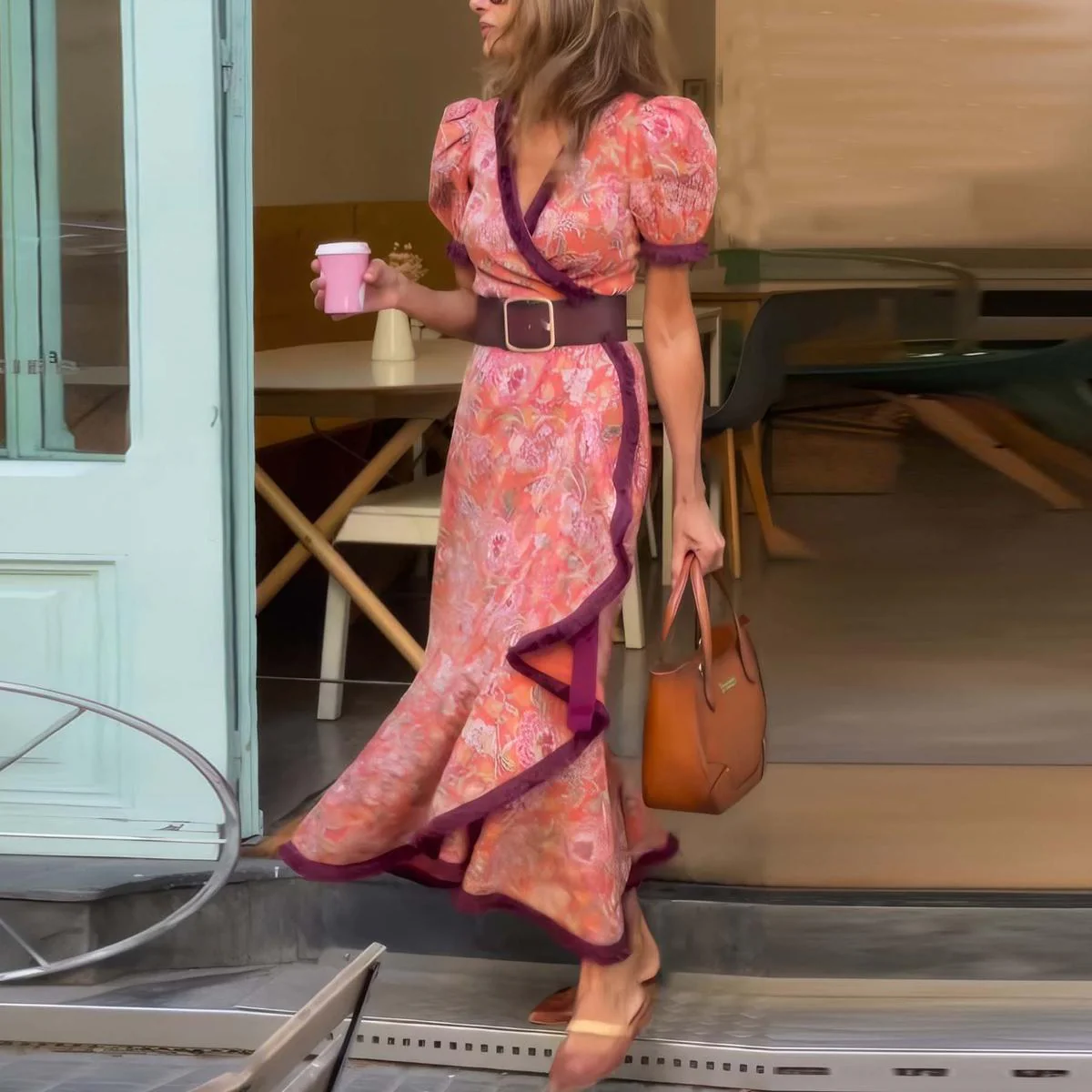 Armen - Elegante vestido largo rosa con mangas cortas