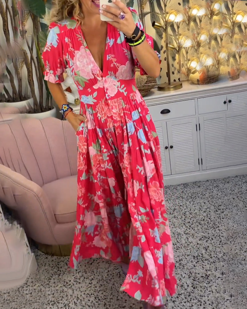 Catrisa™ - Vestido con cuello en V y estampado floral con bolsillos