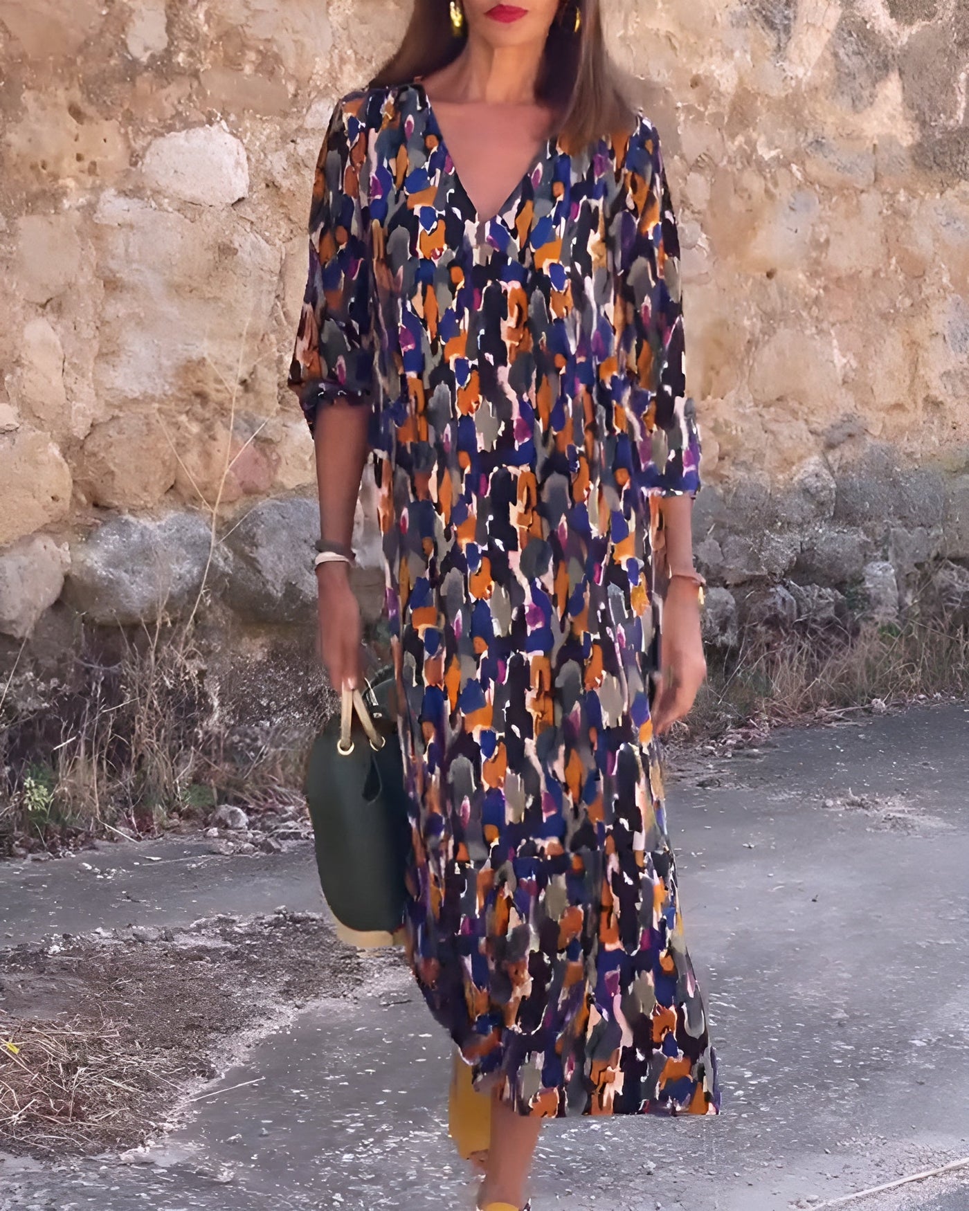 Nathalie | Vestido con cuello en V y estampado retro