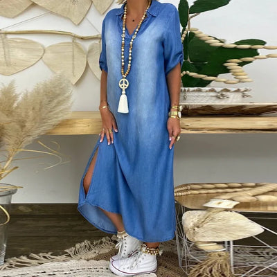 Lea | Vestido largo de efecto denim con abertura lateral