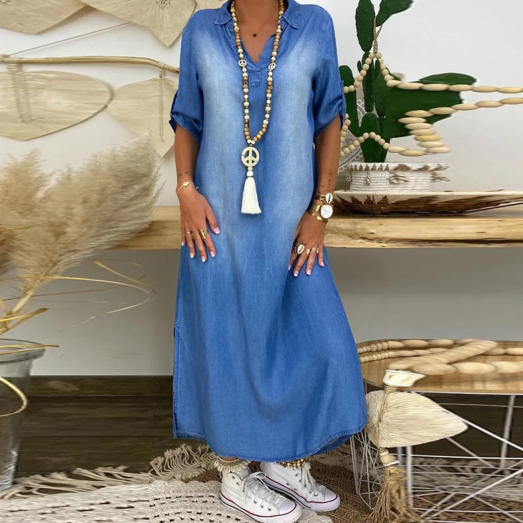 Lea | Vestido largo de efecto denim con abertura lateral