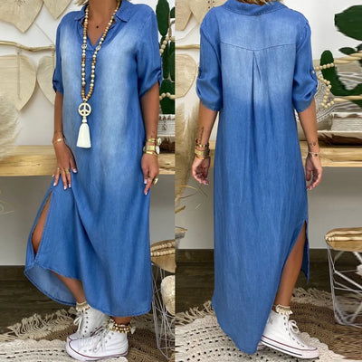 Lea | Vestido largo de efecto denim con abertura lateral