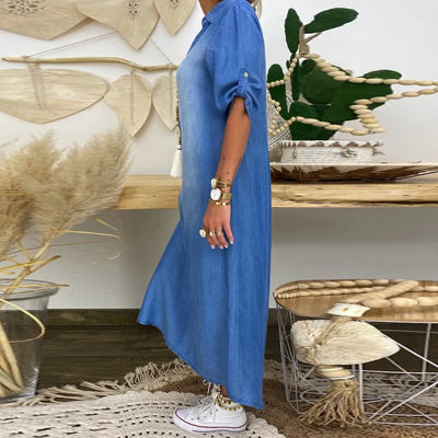 Lea | Vestido largo de efecto denim con abertura lateral