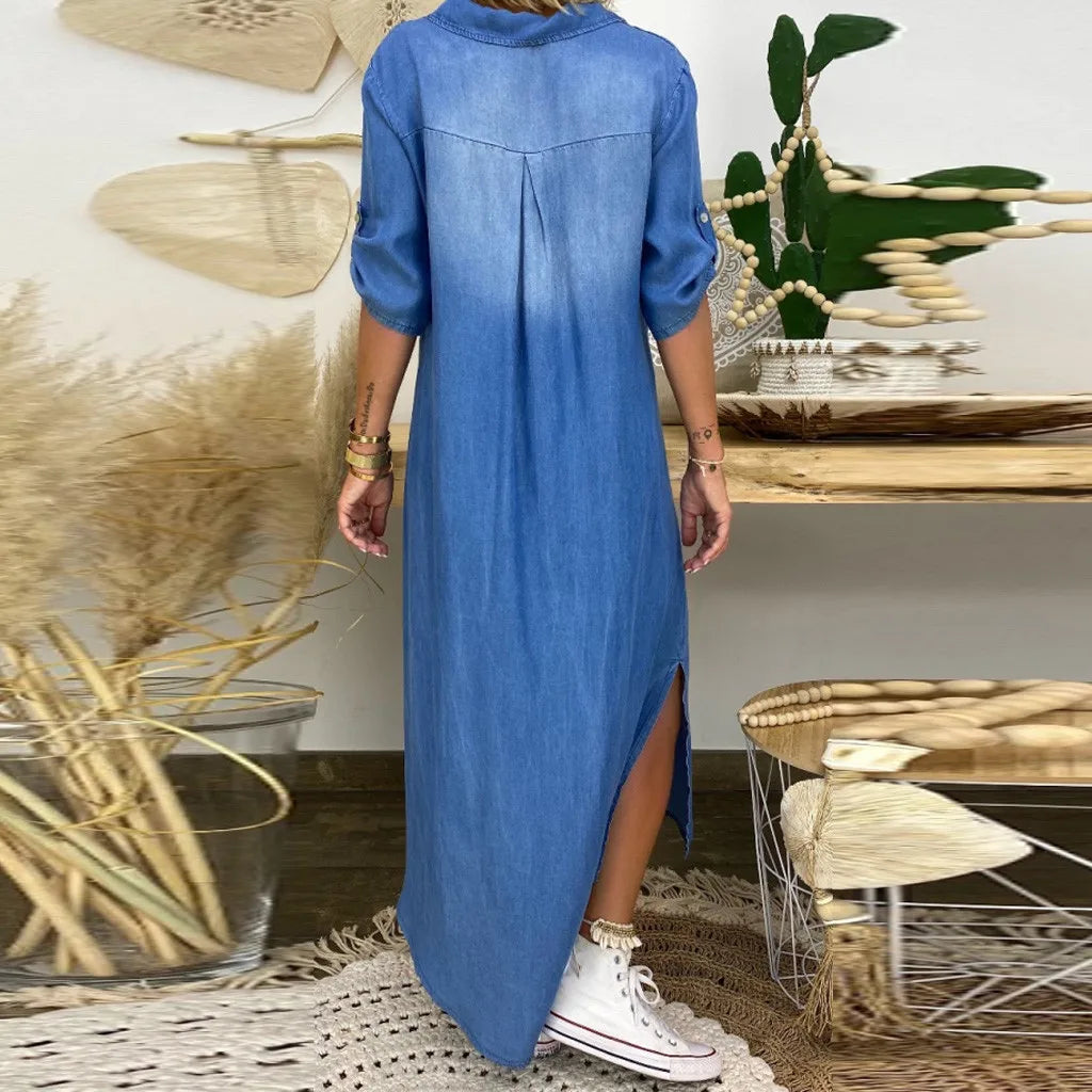 Lea | Vestido largo de efecto denim con abertura lateral
