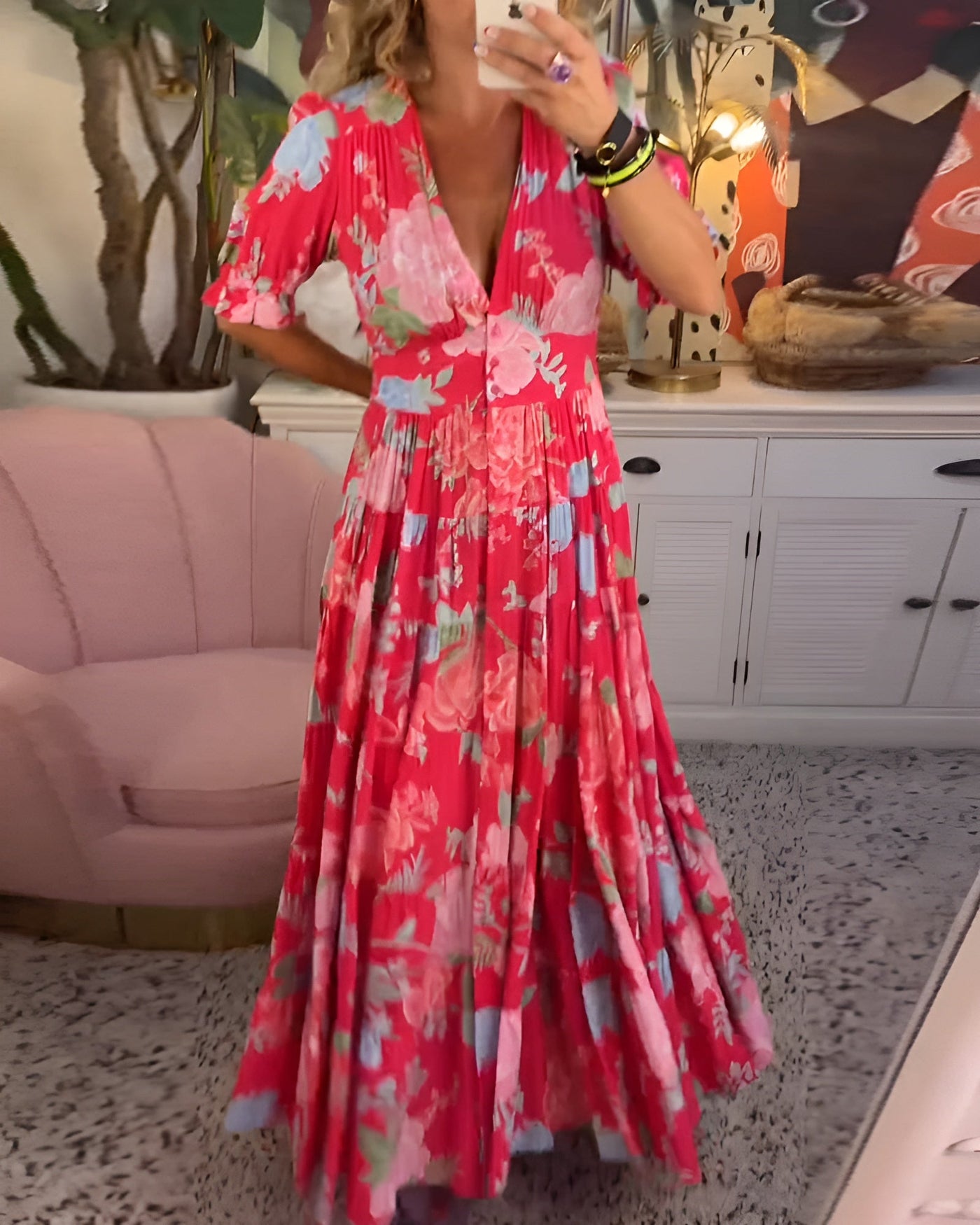 Carine | Vestido con cuello en V y bolsillos con estampado floral