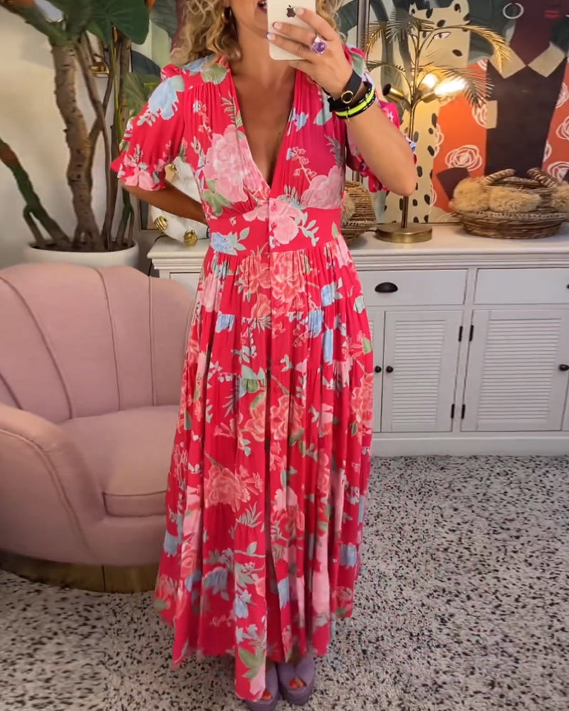 Catrisa™ - Vestido con cuello en V y estampado floral con bolsillos