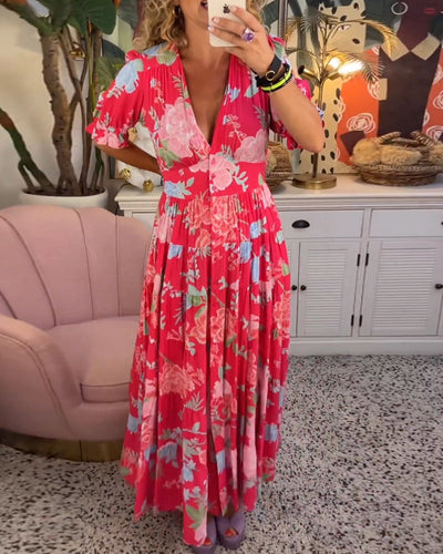 Catrisa™ - Vestido con cuello en V y estampado floral con bolsillos