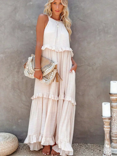 Sarah | Vestido largo con volantes y cuello halter (Casi agotado)