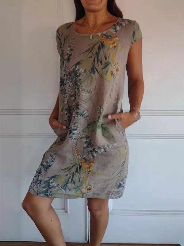 Grace™ Vestido estampado de cuello redondo de algodón y lino para mujer