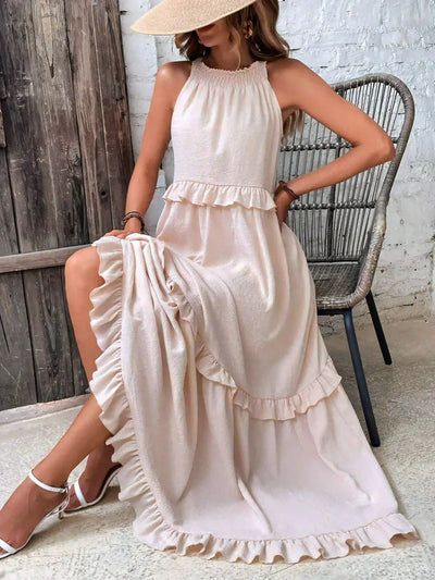 Sarah | Vestido largo con volantes y cuello halter (Casi agotado)