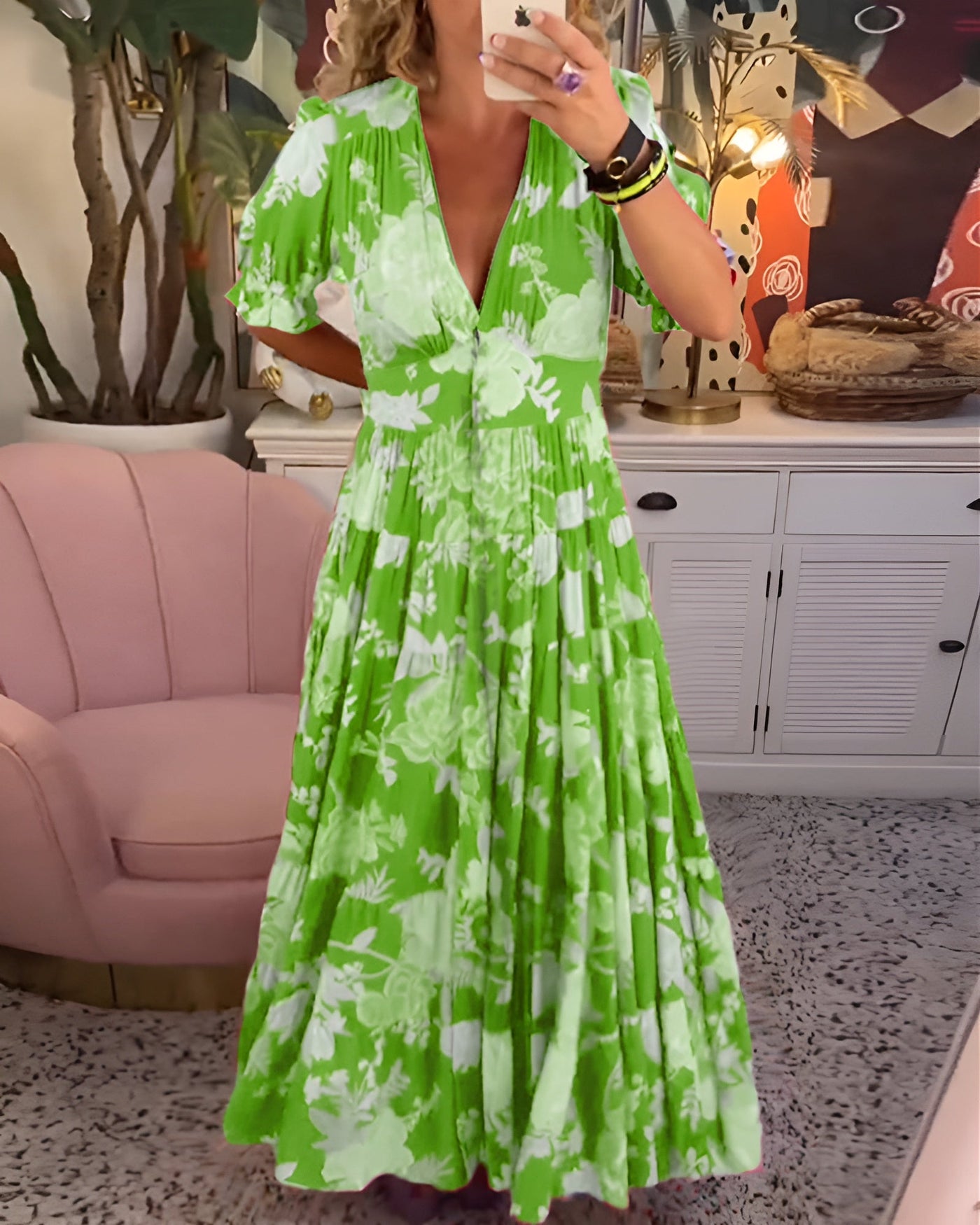 Carine | Vestido con cuello en V y bolsillos con estampado floral