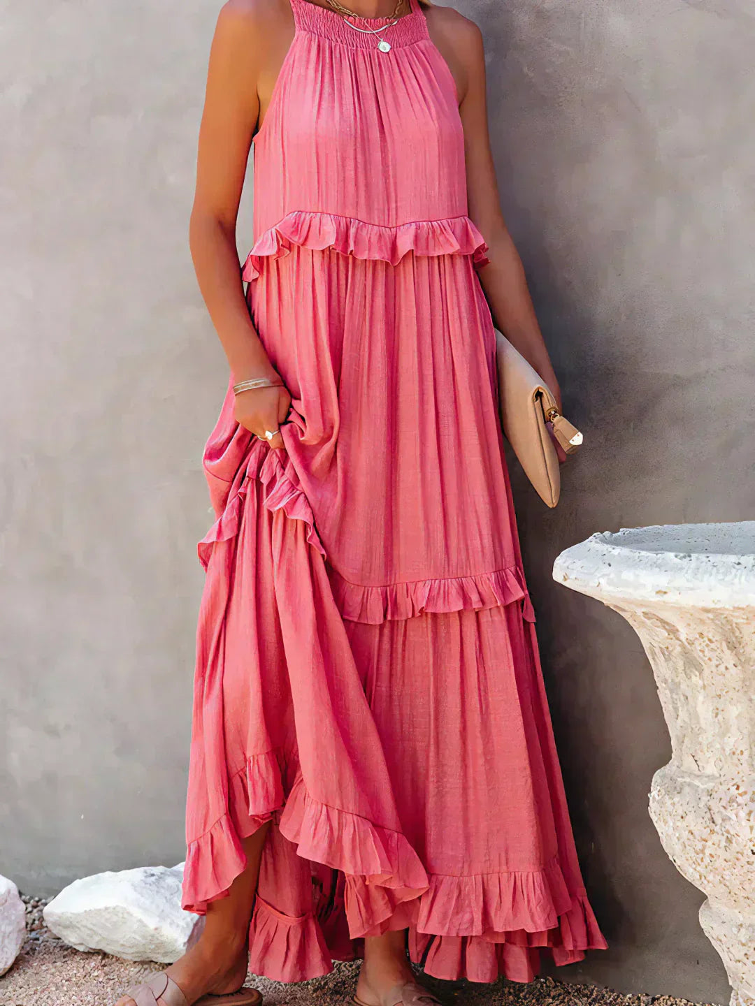 Sarah | Vestido largo con volantes y cuello halter (Casi agotado)