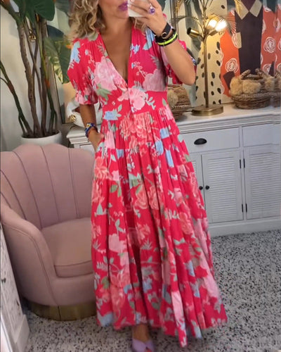 Catrisa™ - Vestido con cuello en V y estampado floral con bolsillos