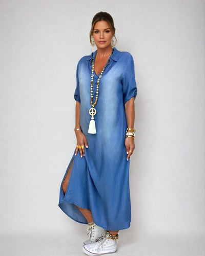 Lea | Vestido largo de efecto denim con abertura lateral