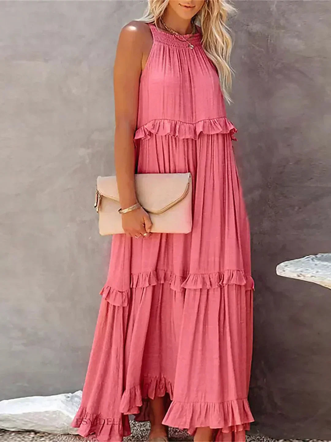 Sarah | Vestido largo con volantes y cuello halter (Casi agotado)