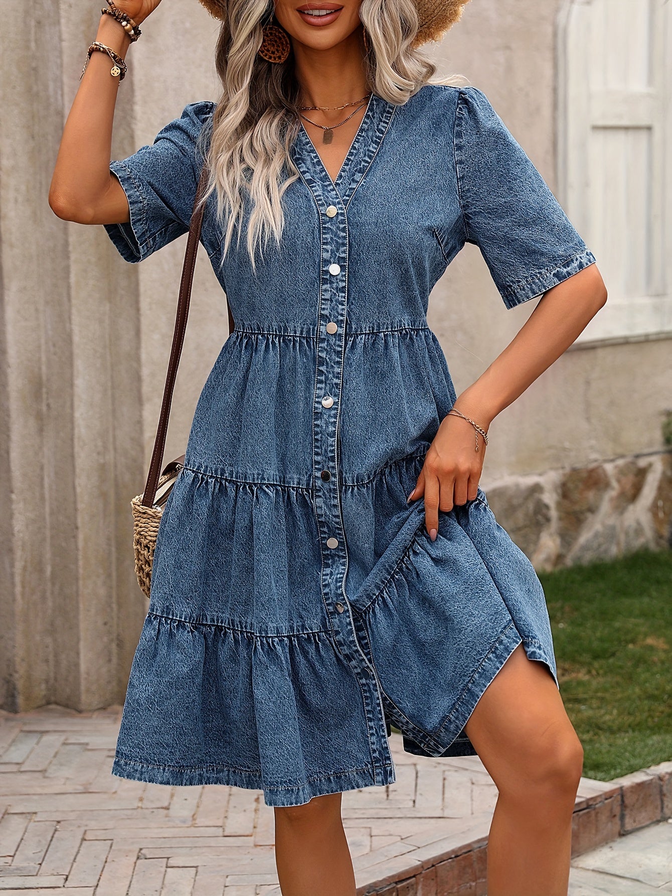 Elyna – Vestido corto vaquero con volantes, mangas cortas y escote en pico