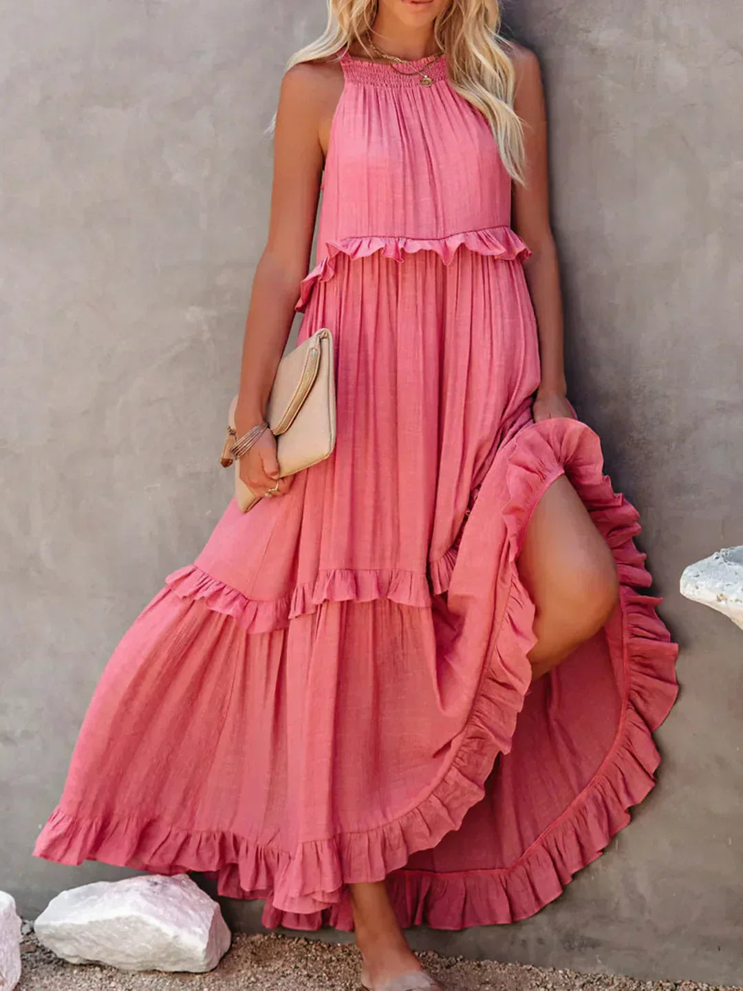 Sarah | Vestido largo con volantes y cuello halter (Casi agotado)