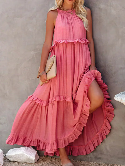 Sarah | Vestido largo con volantes y cuello halter (Casi agotado)