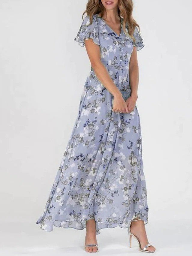 Marit | Elegante vestido largo con cuello en V y estampado floral