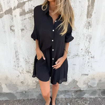 Nora™ | Conjunto casual de blusa y pantalones cortos lisos