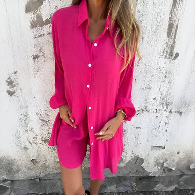 Nora™ | Conjunto casual de blusa y pantalones cortos lisos