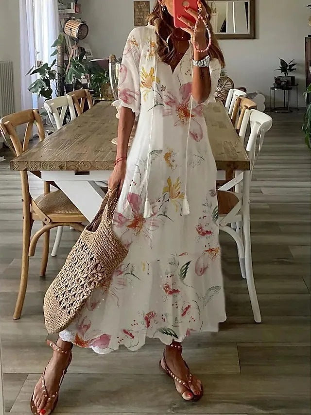 Dúnia™ VESTIDO LARGO CON ESTAMPADO Y VOLANTES