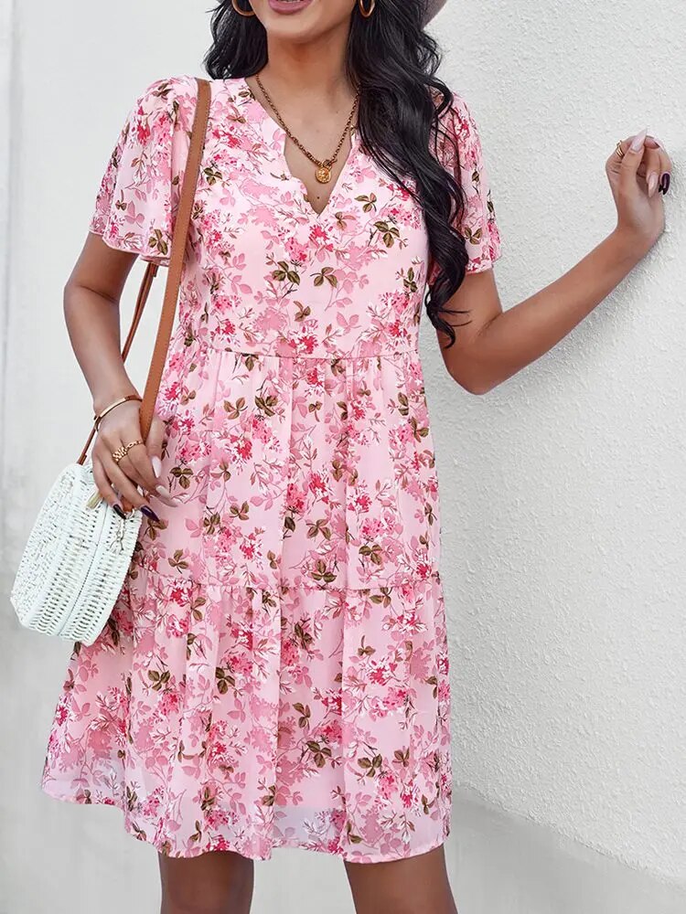 Noa™ Vestido floral de manga corta con cuello en V