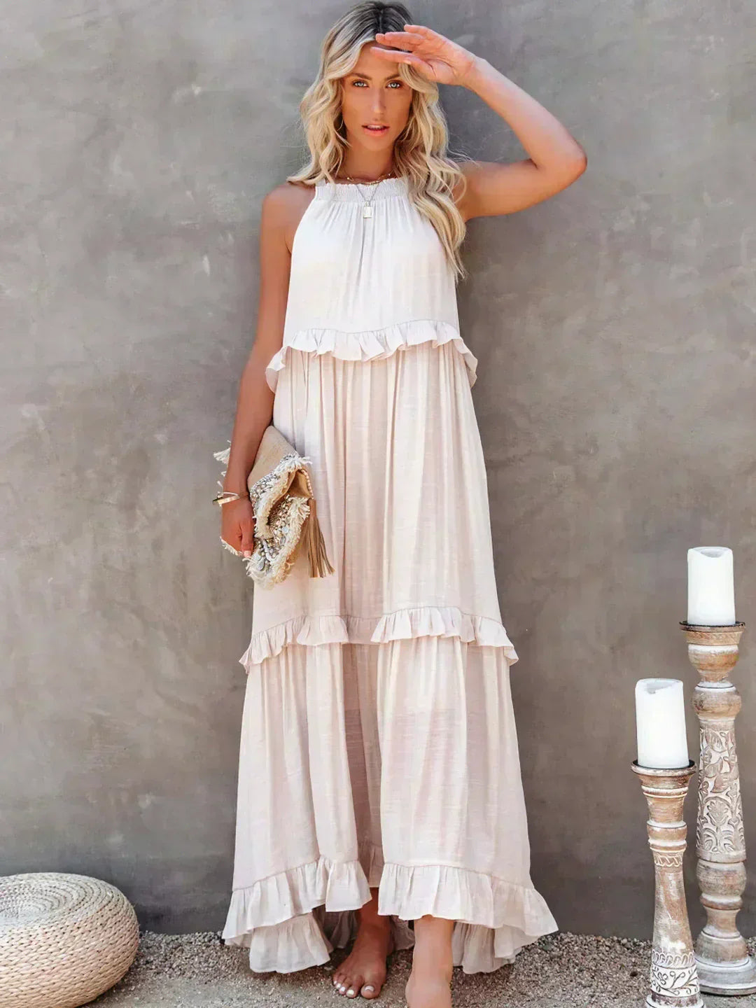 Sarah | Vestido largo con volantes y cuello halter (Casi agotado)