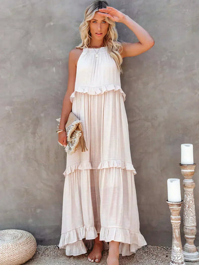 Sarah | Vestido largo con volantes y cuello halter (Casi agotado)