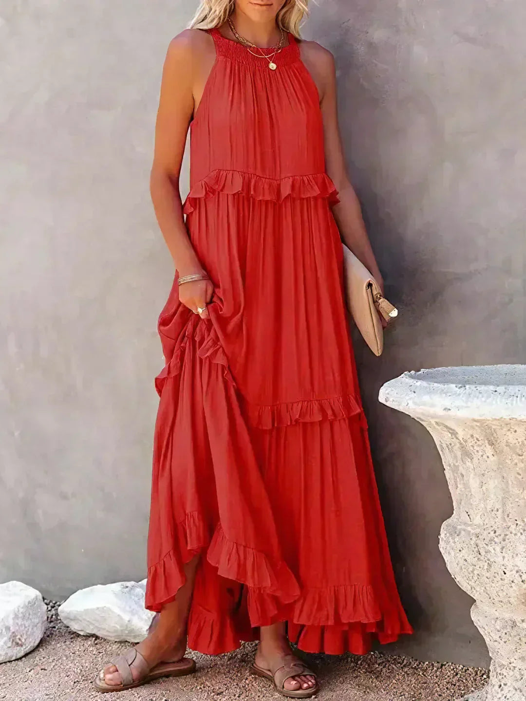 Sarah | Vestido largo con volantes y cuello halter (Casi agotado)