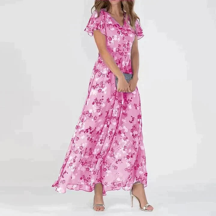 Marit | Elegante vestido largo con cuello en V y estampado floral