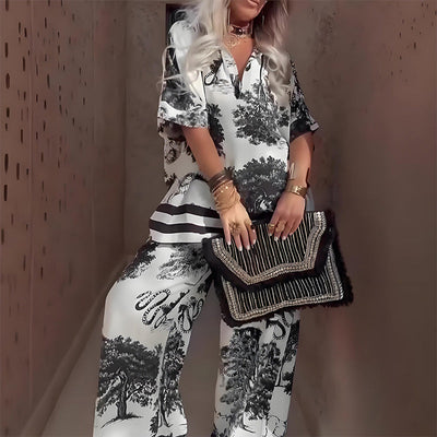 Top estampado con cuello en V y pantalón largo: estilo veraniego elegante y ligero